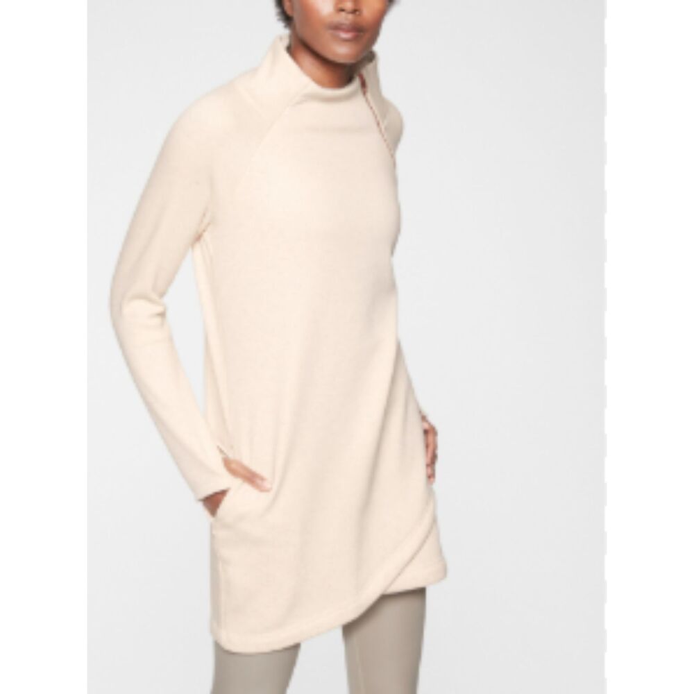 Athleta Womens Long Sleeve Cozy Karma Asym Sweatshirt Dress Tunic Size MP Cream
